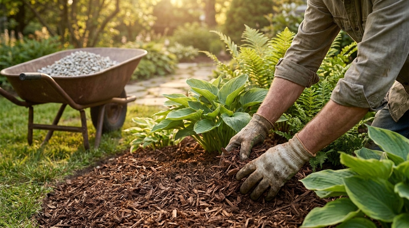 Mains posant du paillage en copeaux de bois au pied de plantes vertes