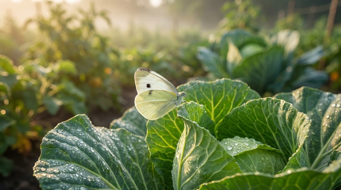 Papillon blanc piéride posé sur une feuille de chou au potager