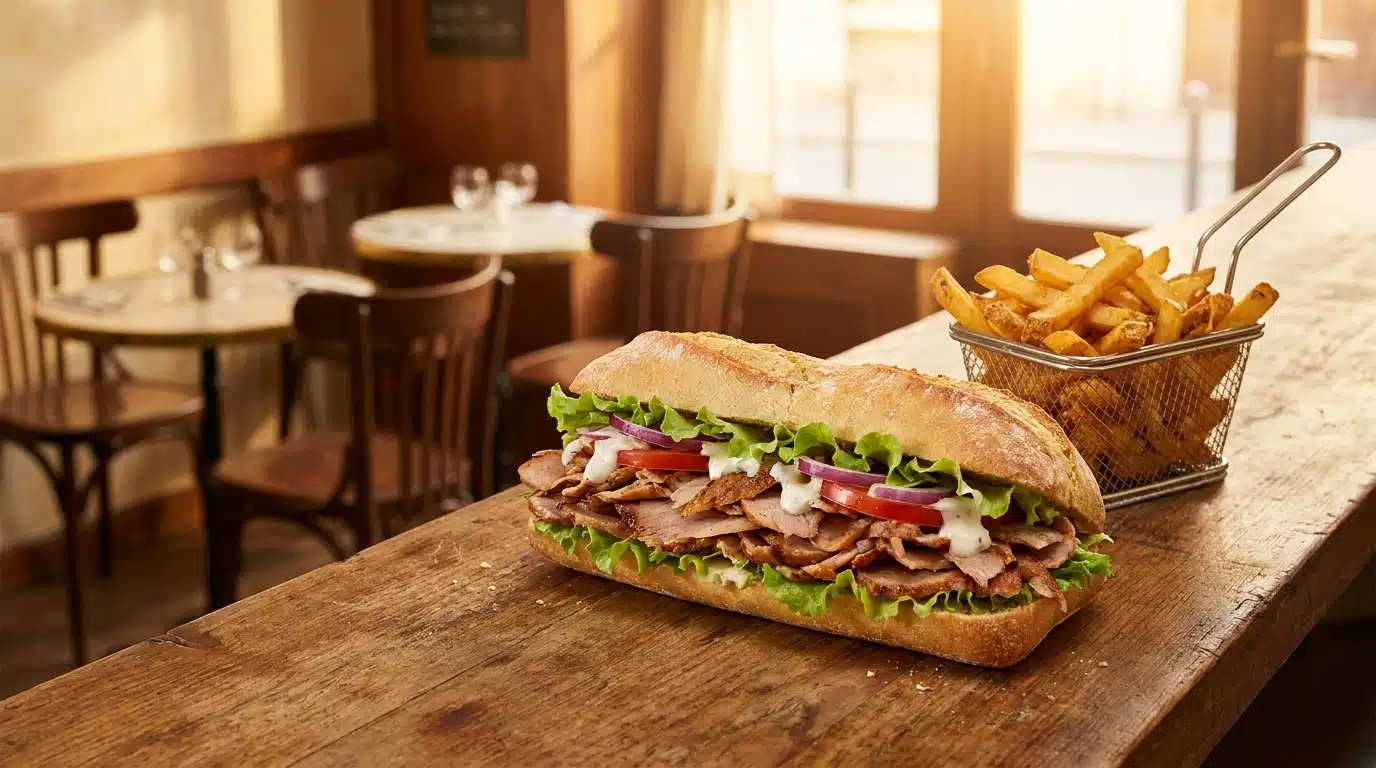 Kebab au porc avec frites maison sur comptoir en bois