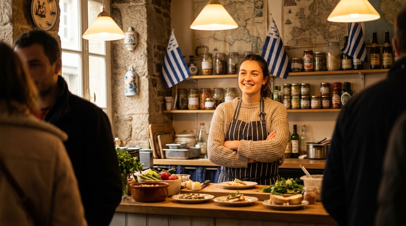 Jeune femme souriante derrière le comptoir d'un restaurant breton