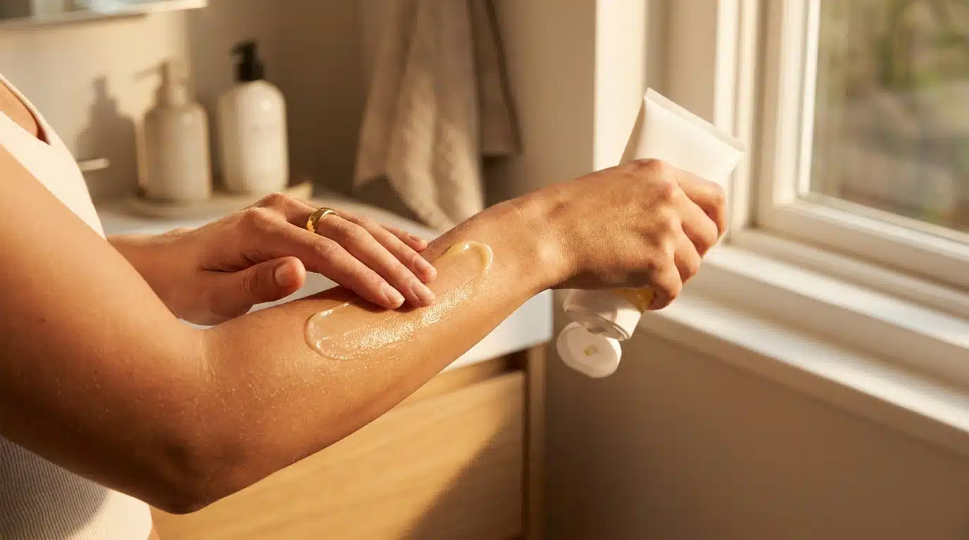 Application d'un lait corps doré sur un avant-bras