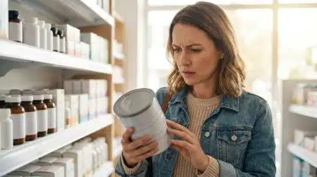 Femme inquiète lisant l'étiquette d'un lait infantile en pharmacie