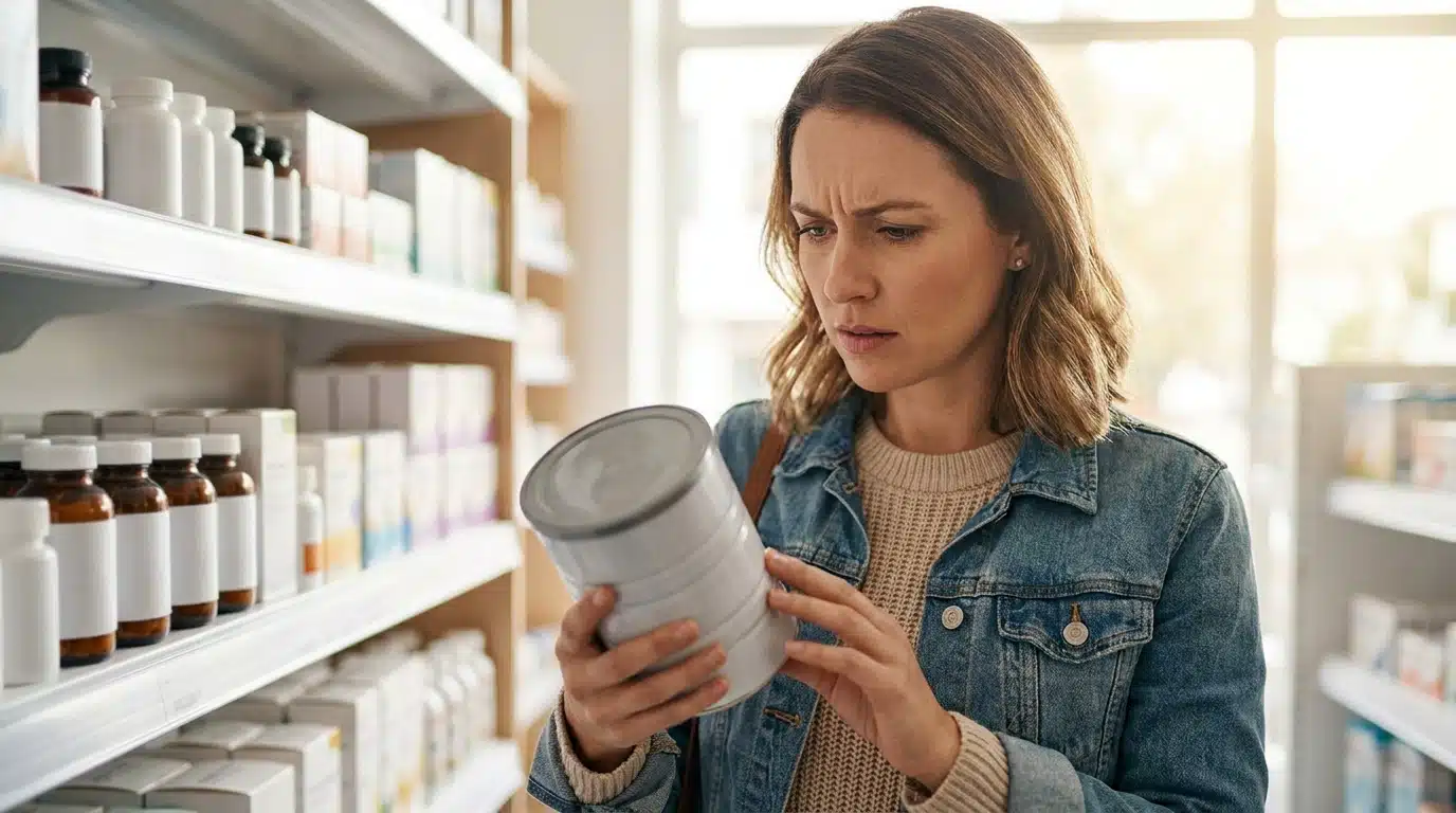 Femme inquiète lisant l'étiquette d'un lait infantile en pharmacie