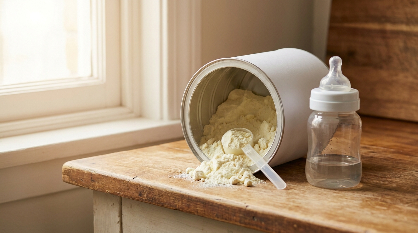 Boîte de lait infantile en poudre ouverte sur un plan de travail