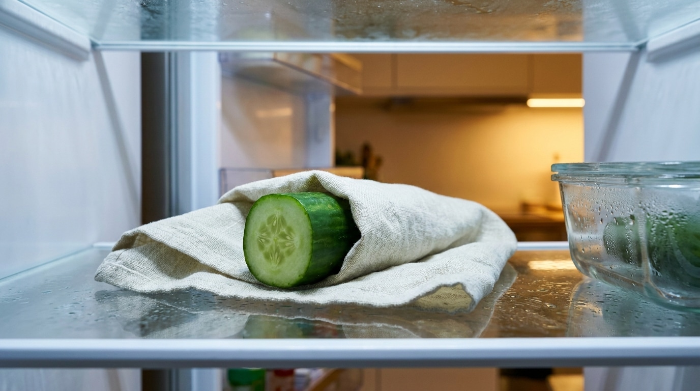 Demi-concombre enveloppé dans un torchon au réfrigérateur