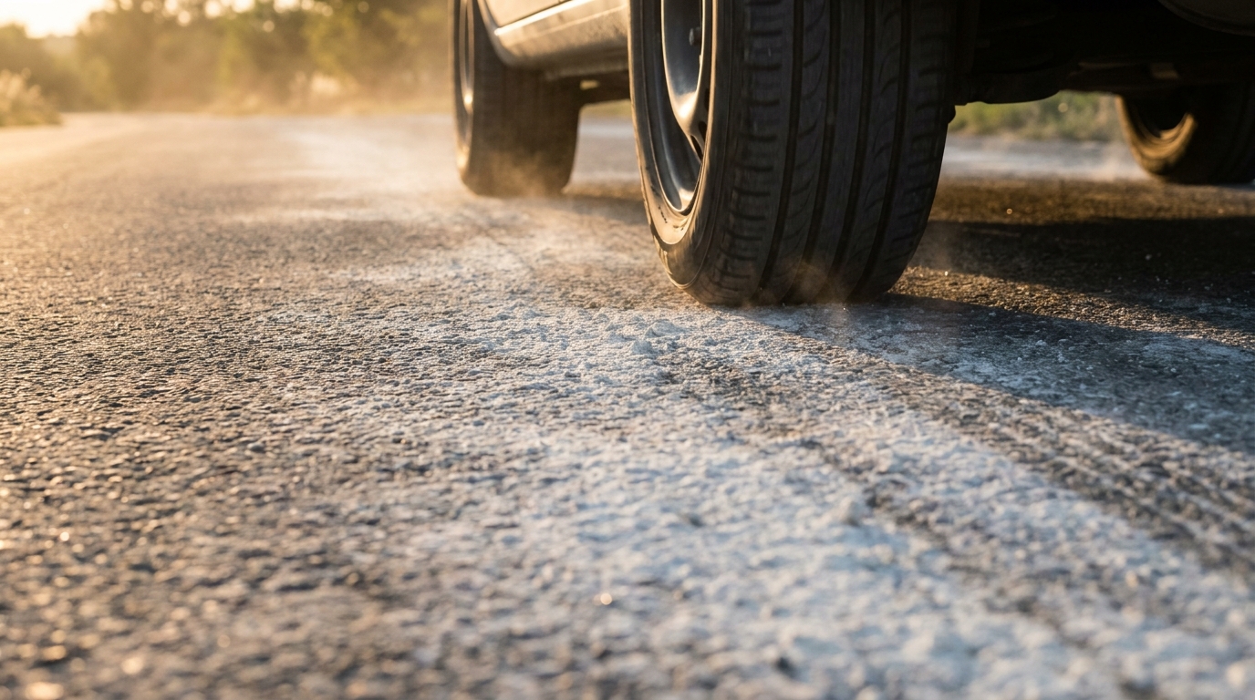 Pneus de voiture roulant sur du bitume blanchi à la chaux