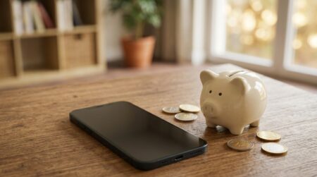 Smartphone posé sur un bureau près d'une tirelire et de pièces en euros