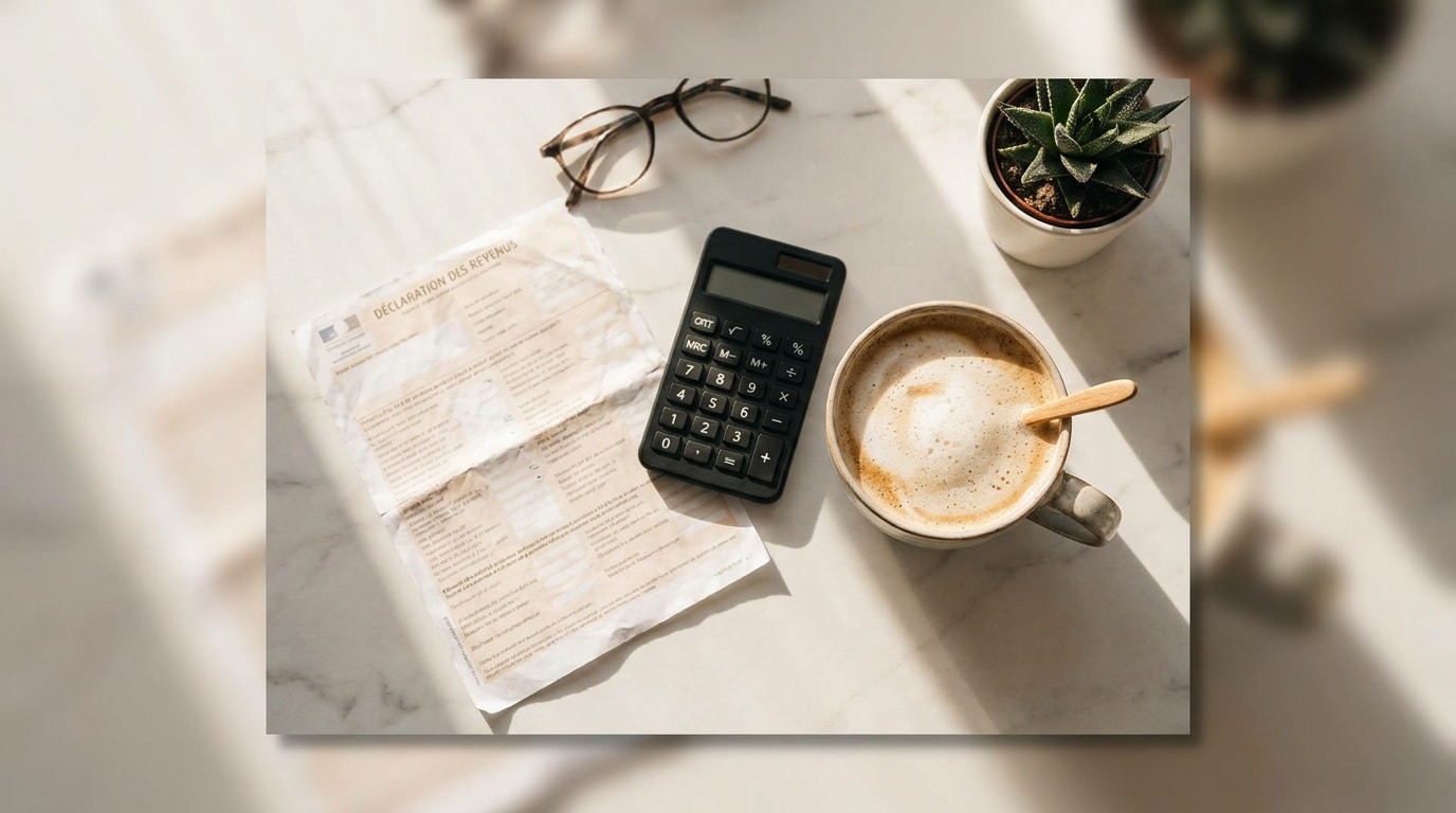 Document fiscal français à côté d'une calculatrice et d'un café