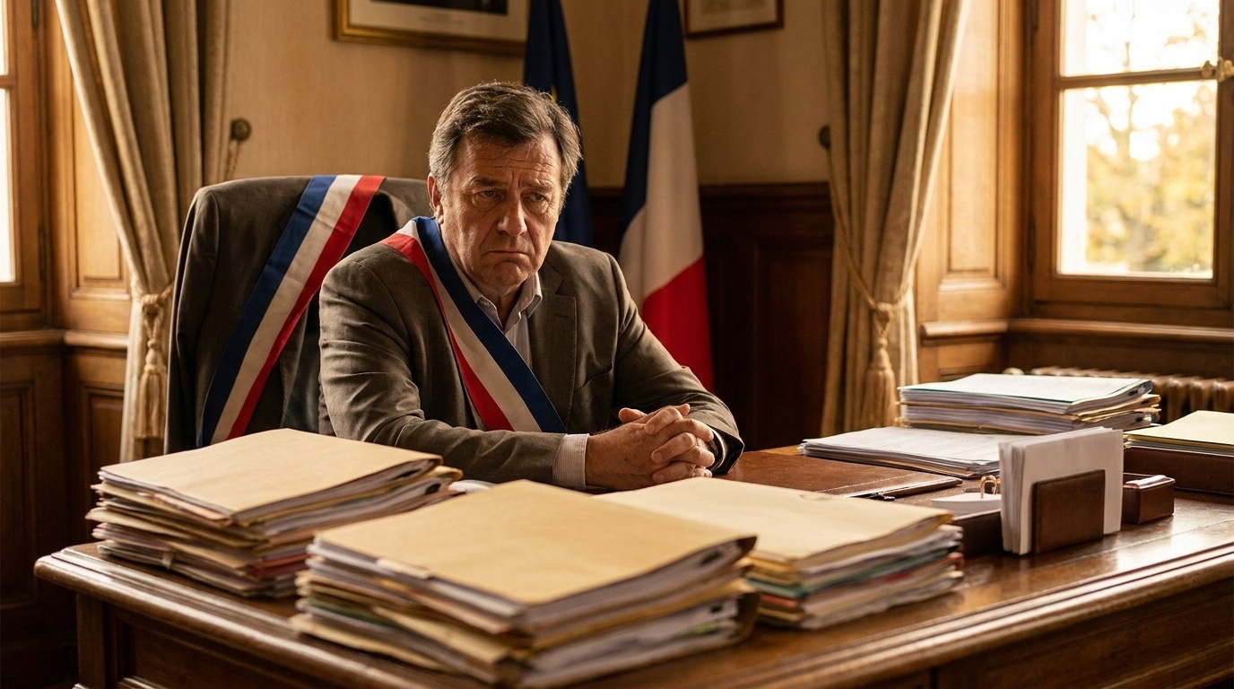 Homme assis à un bureau couvert de dossiers administratifs