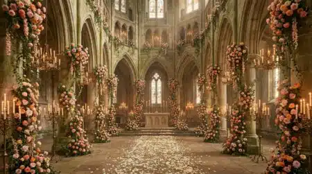Intérieur d'une abbaye médiévale féerique décorée de milliers de fleurs roses et orangées pour une cérémonie de mariage