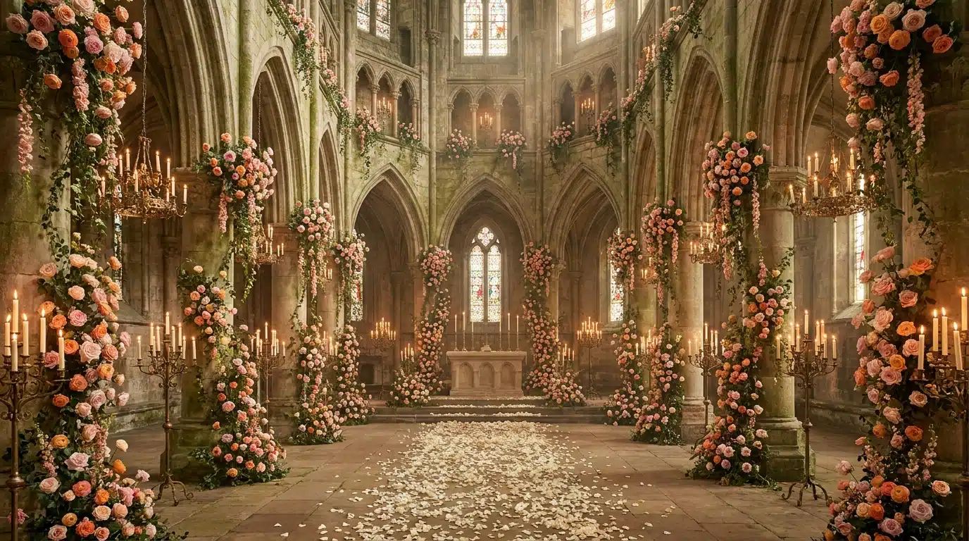 Intérieur d'une abbaye médiévale féerique décorée de milliers de fleurs roses et orangées pour une cérémonie de mariage