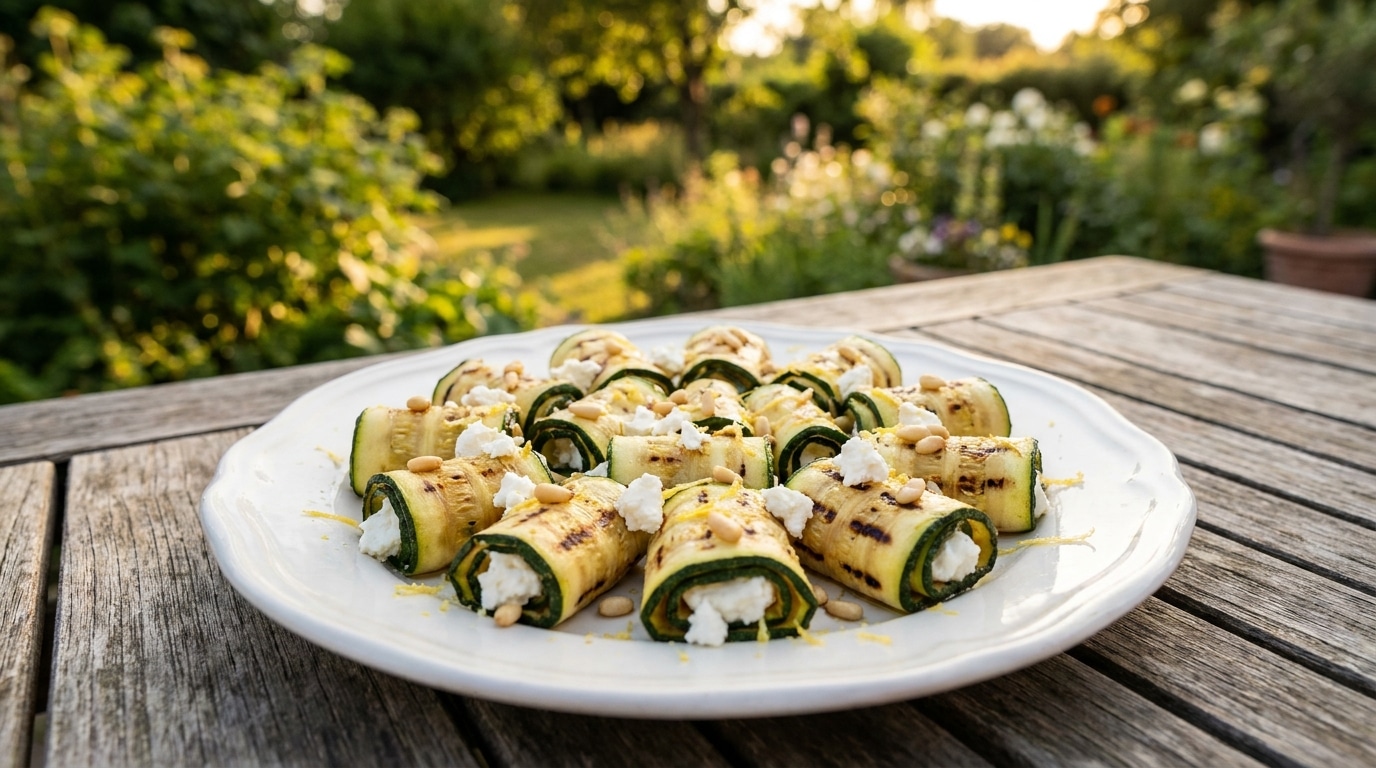 Plat de roulés de courgette grillée au chèvre frais citronné