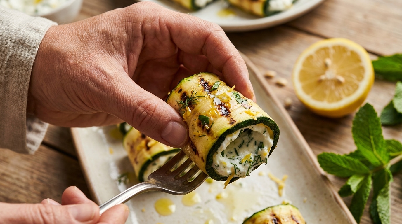 Main saisissant un roulé courgette-chèvre avec garniture visible