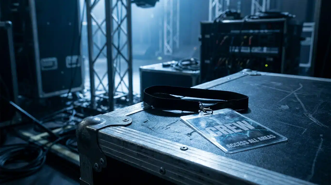 Badge backstage posé sur un flight case noir en coulisses