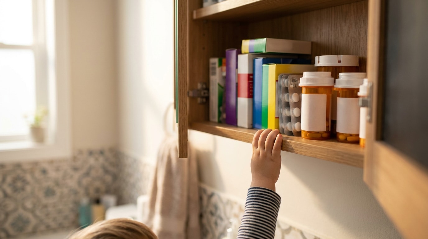 Main d'enfant tendue vers une armoire à pharmacie ouverte