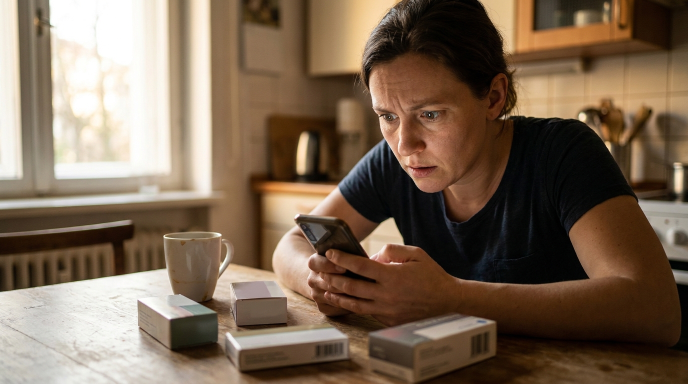 Parent inquiet regardant son téléphone devant des boîtes de médicaments