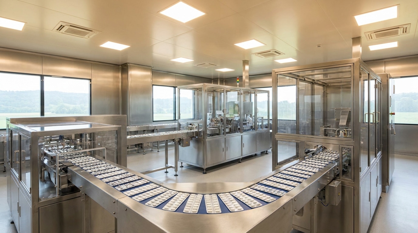 Ligne de production dans une usine pharmaceutique moderne