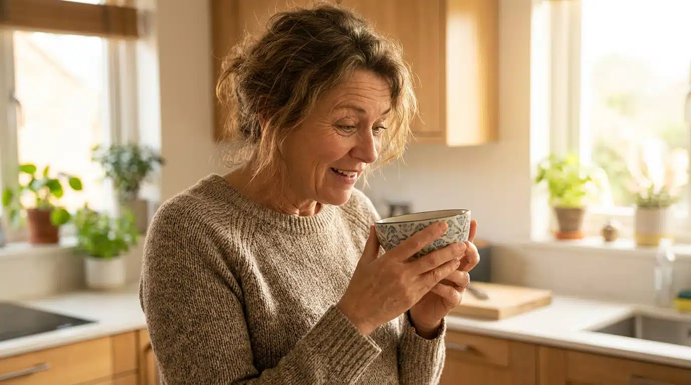 Femme surprise découvrant un encas dans sa cuisine