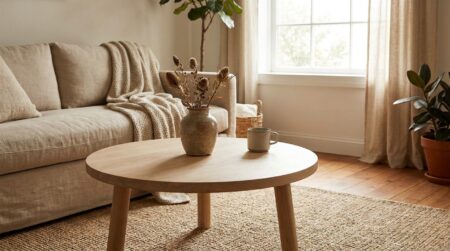 Table basse scandinave en bois dans un salon lumineux