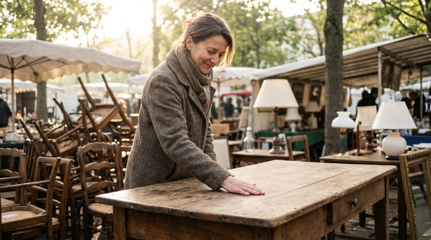 Femme chinant du mobilier vintage dans une brocante
