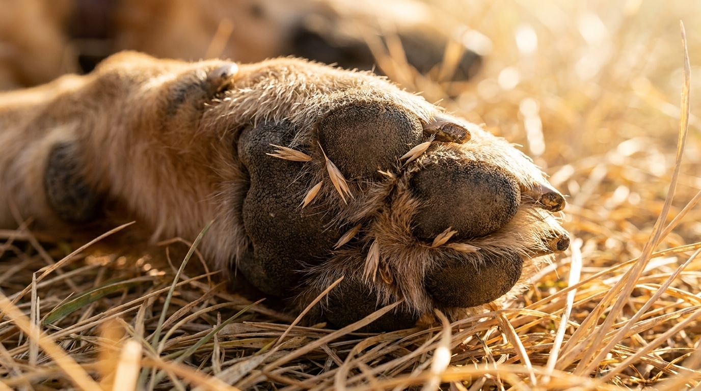 Gros plan sur un coussinet de chien dans l'herbe sèche
