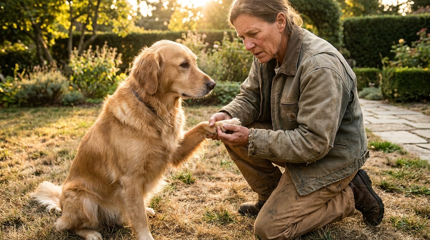 Propriétaire inspectant la patte de son golden retriever