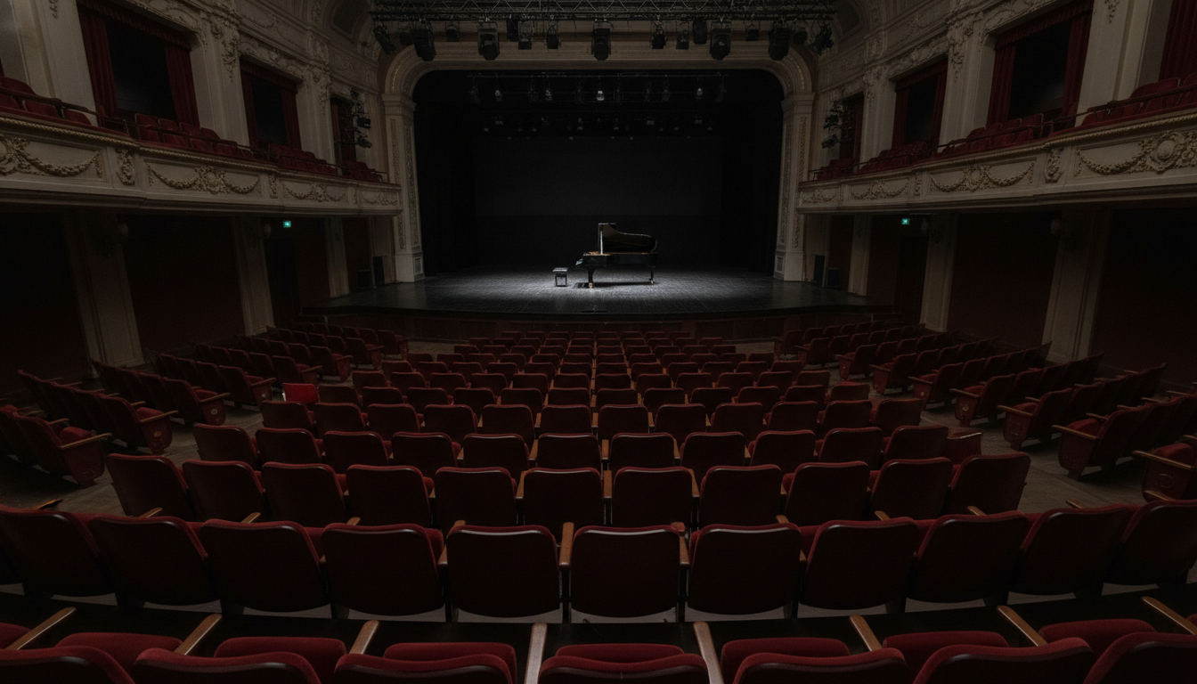 Salle de concert vide avec piano sur scène sombre