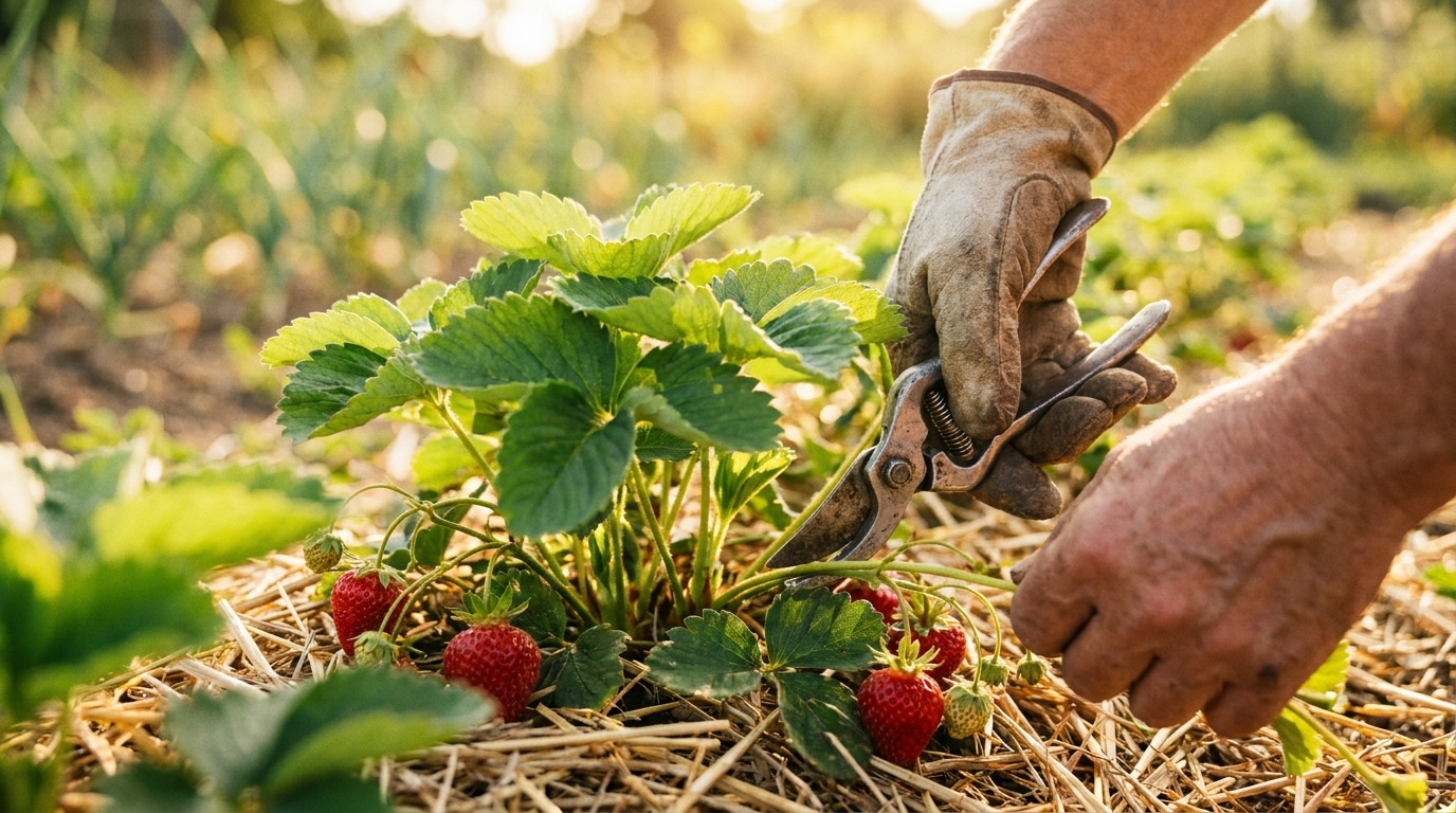 Mains coupant un stolon de fraisier au sécateur