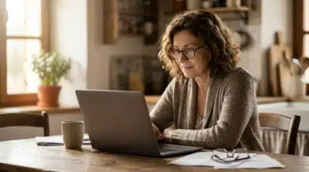 Femme consultant ses aides sociales sur un ordinateur portable