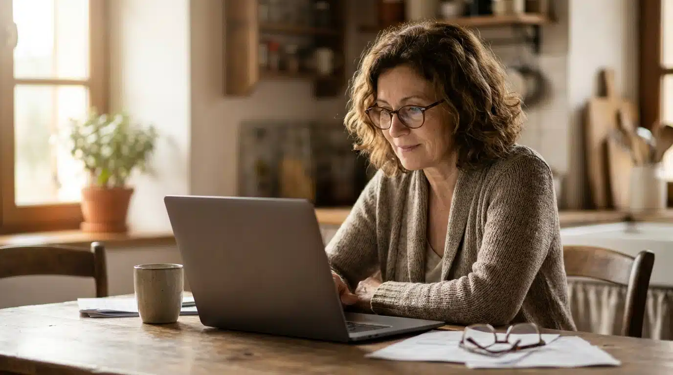 Femme consultant ses aides sociales sur un ordinateur portable