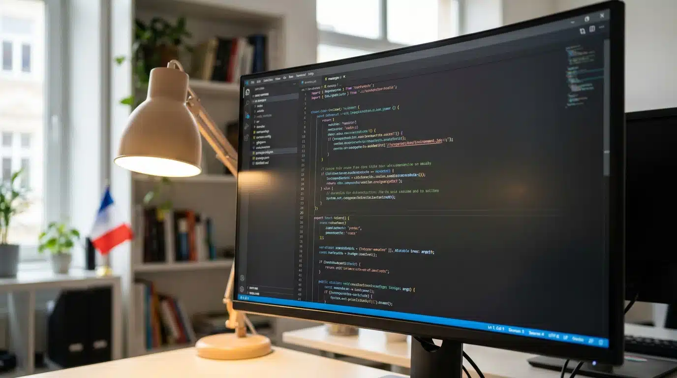 Écran d'ordinateur affichant des lignes de code dans un bureau