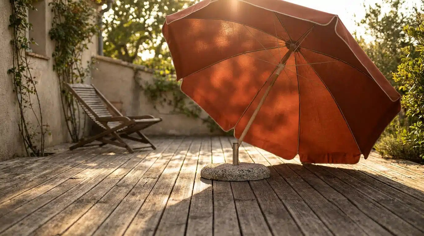 Parasol rond ouvert sur une terrasse ensoleillée