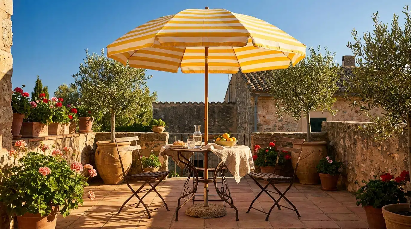 Parasol rayé jaune et blanc ouvert sur une terrasse ensoleillée
