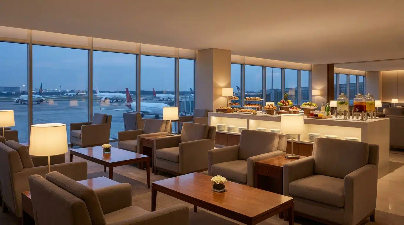 Intérieur d'un salon VIP d'aéroport avec buffet et fauteuils