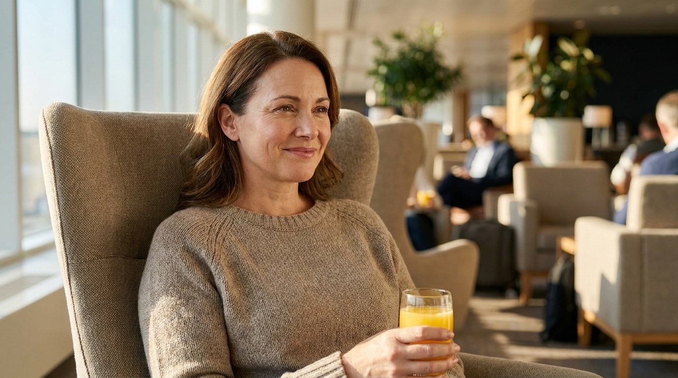 Voyageuse détendue dans un lounge d'aéroport avec jus de fruits