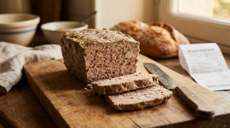 Pâté de campagne tranché sur planche en bois