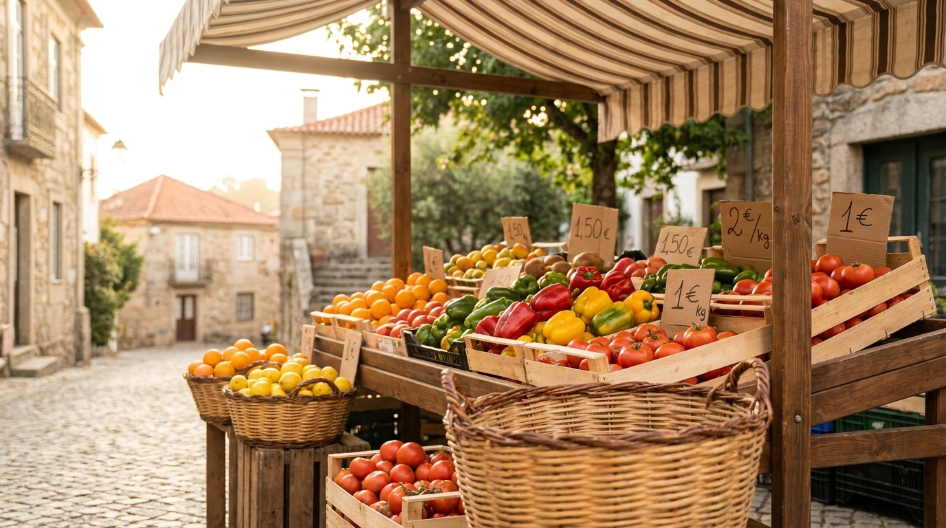 Étal de poivrons colorés sur un marché portugais
