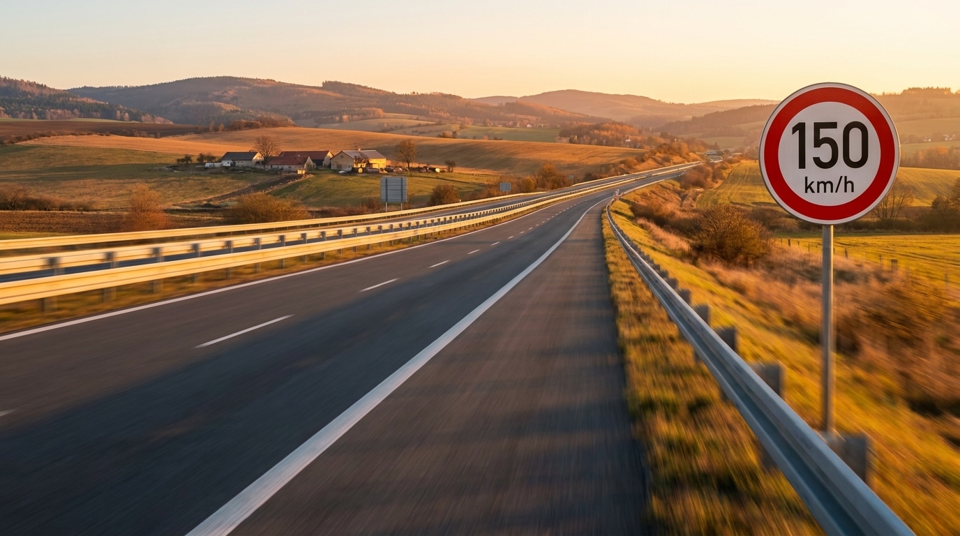 Panneau 150 km/h sur une autoroute tchèque au coucher du soleil