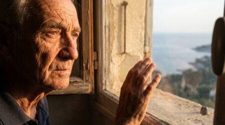 Vieil homme pensif devant la fenêtre d'une villa méditerranéenne