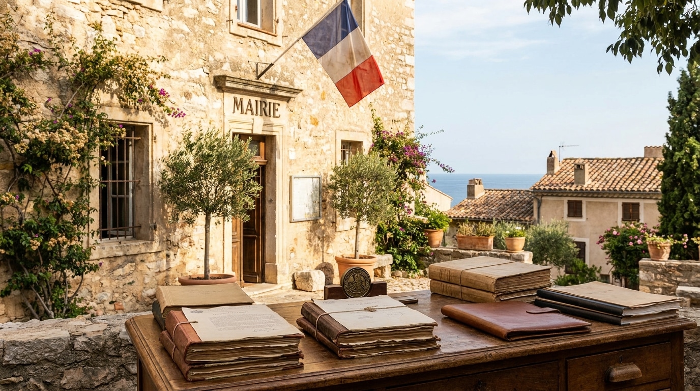 Façade d'une mairie provençale avec documents officiels