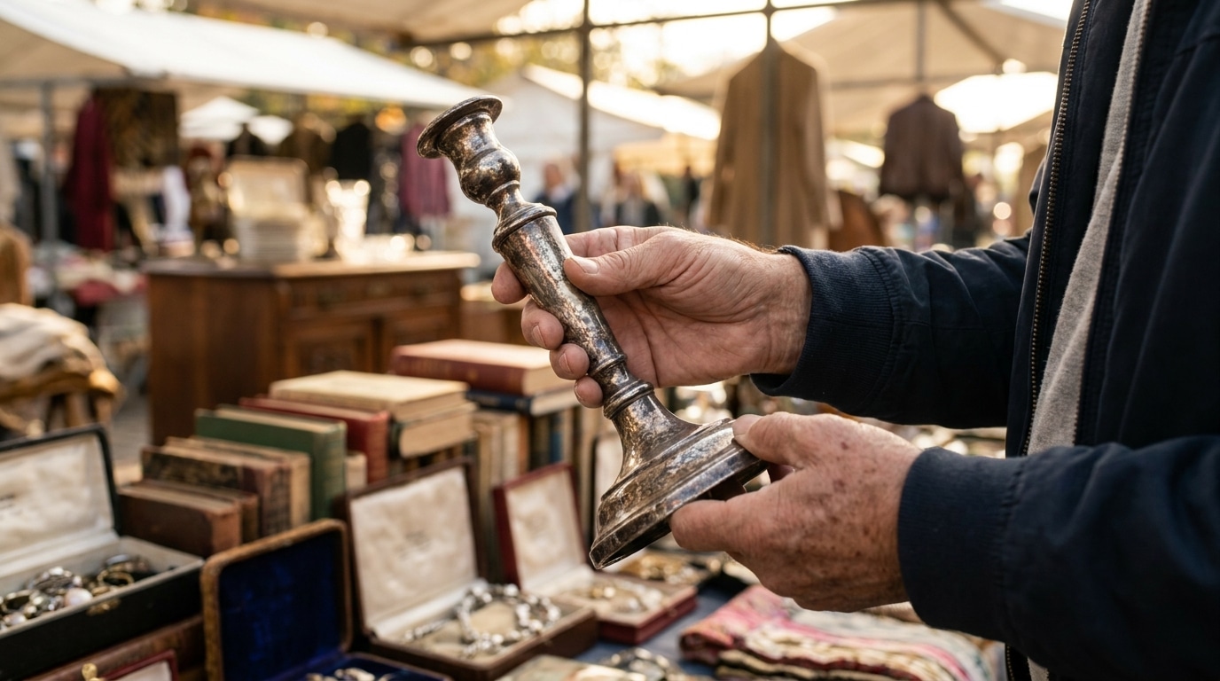 Mains examinant un bougeoir ancien en brocante