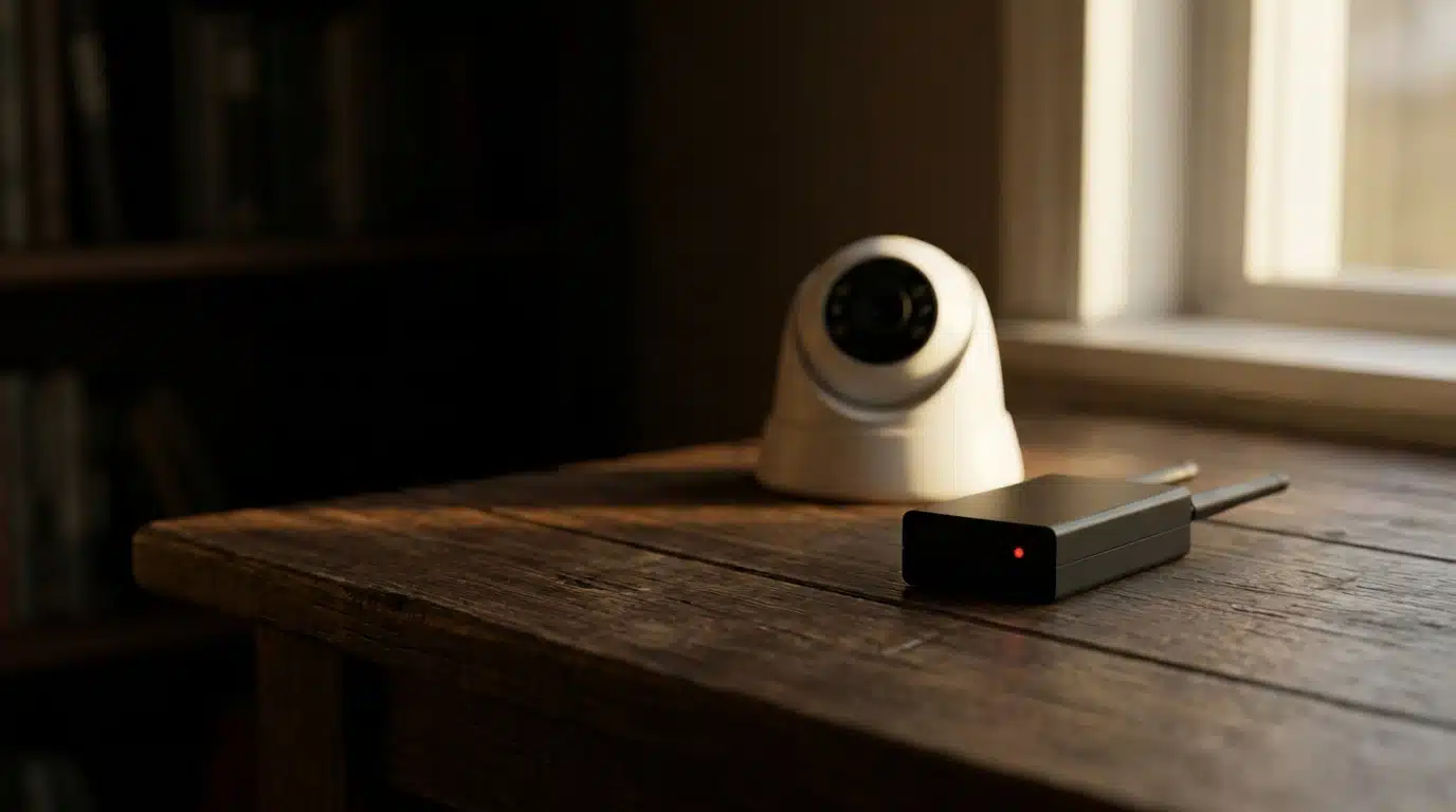 Brouilleur d'ondes noir posé à côté d'une caméra Wi-Fi