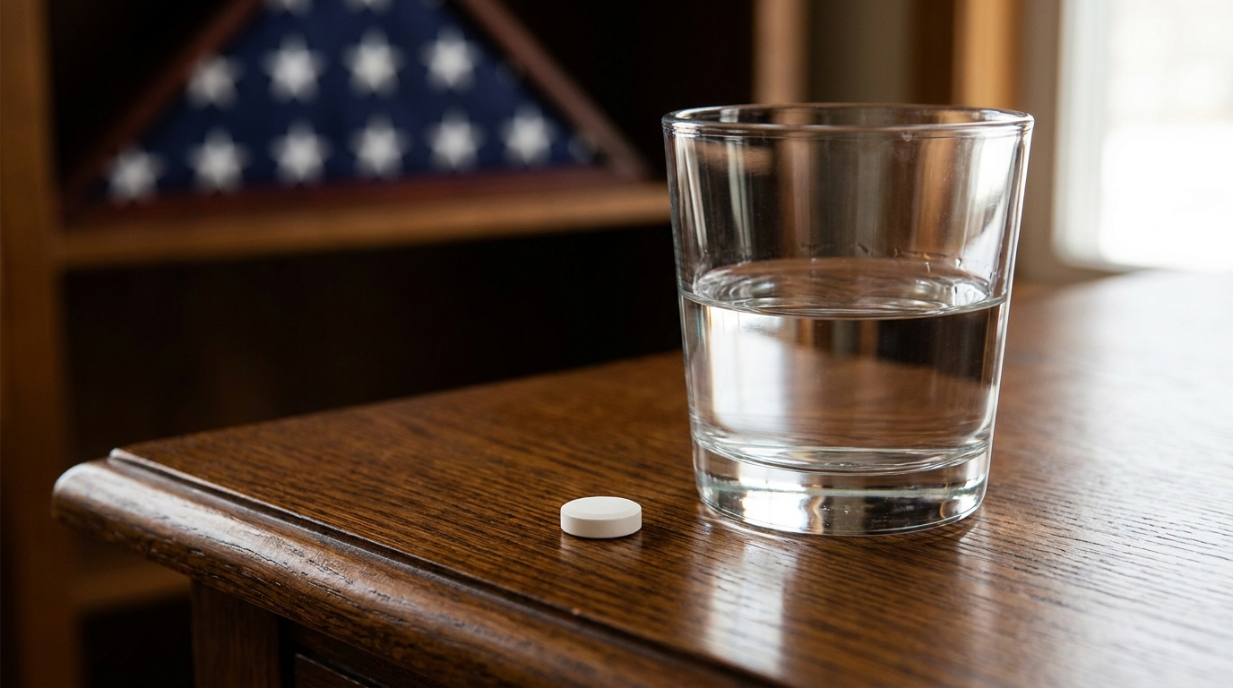 Comprimé d'aspirine blanc posé près d'un verre d'eau sur un bureau