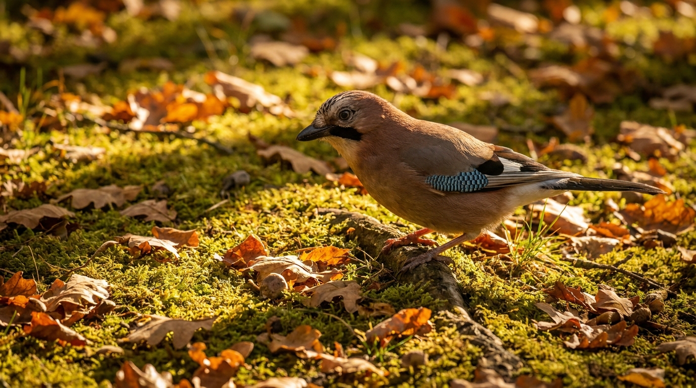 Geai des chênes picorant des glands parmi les feuilles d'automne