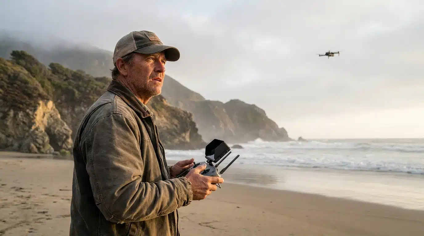 Homme sur une plage californienne pilotant un drone face à la mer