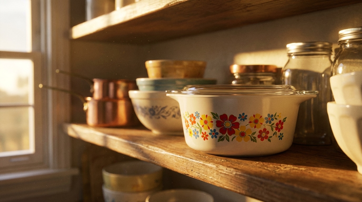 Plat Pyrex vintage à motif floral sur étagère de cuisine ancienne