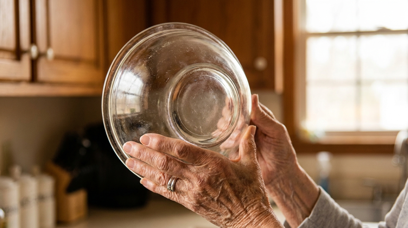 Mains retournant un bol Pyrex pour vérifier le logo d'origine