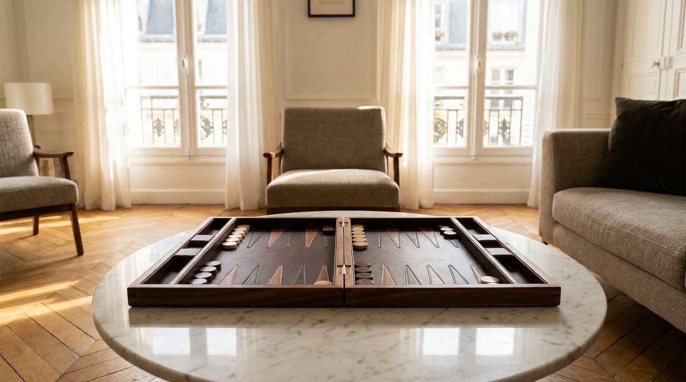 Backgammon en cuir ouvert sur une table basse en marbre