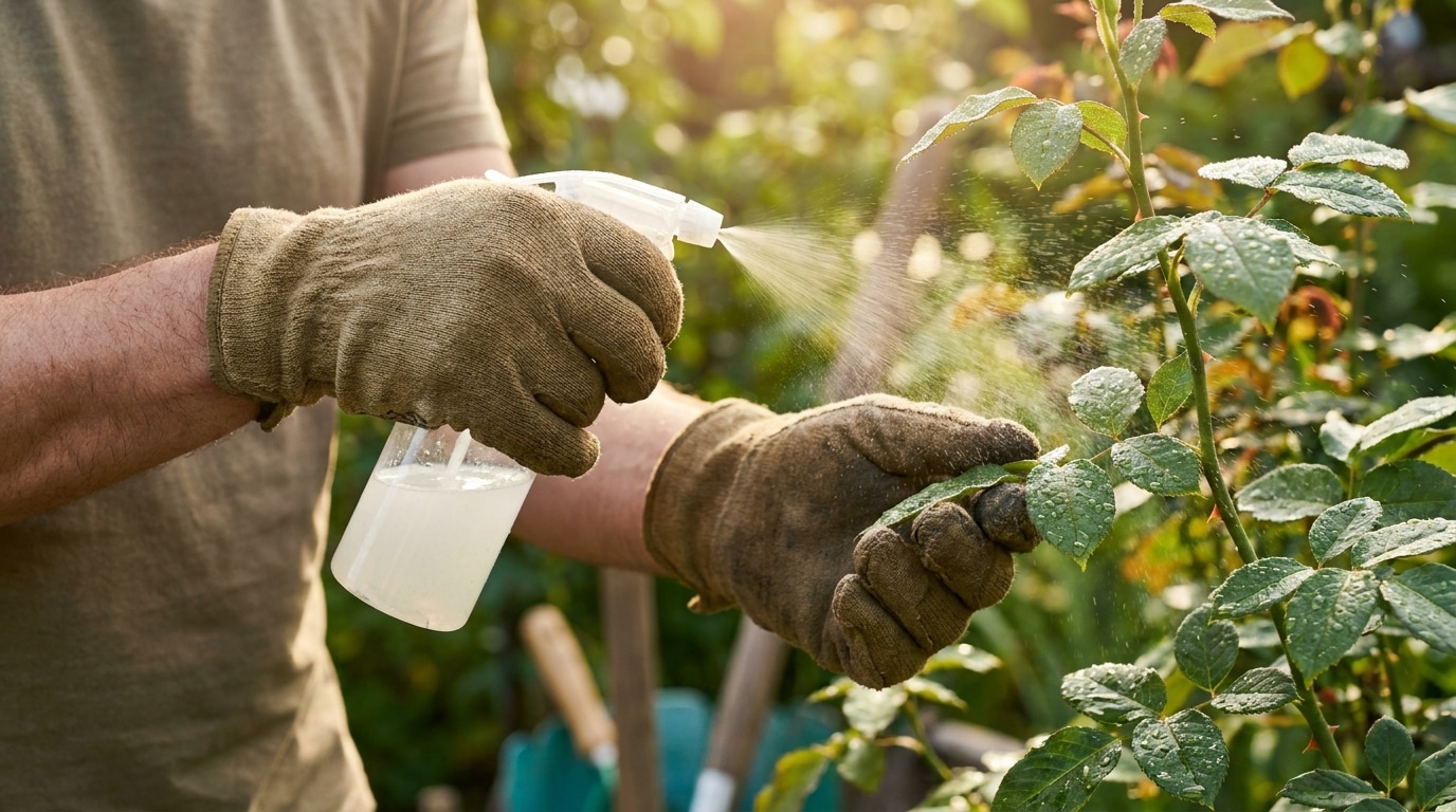 Mains pulvérisant un mélange laiteux sur des feuilles de rosier