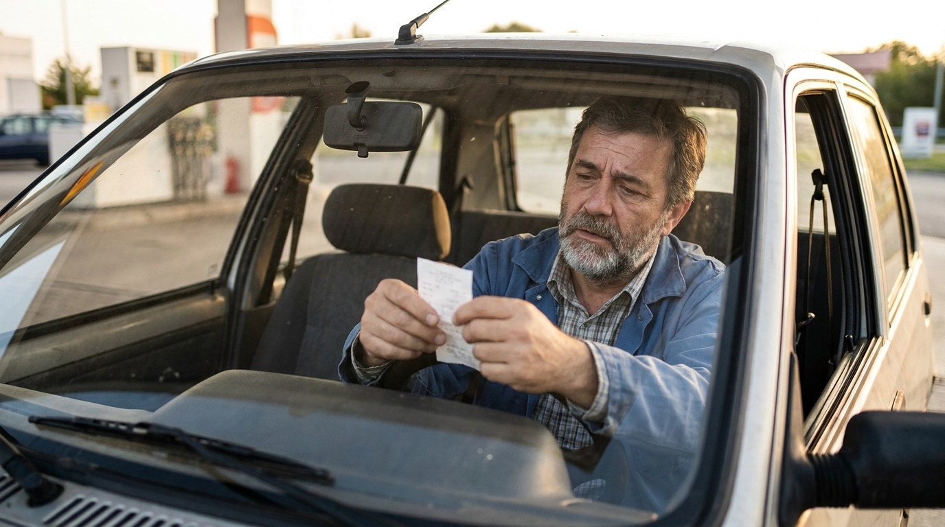 Automobiliste regardant un ticket de station-service avec frustration